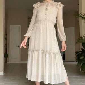 OPT Floral Tiered Ruffle Midi Dress Neutral Gold Prairie BOHO Floral, Size M